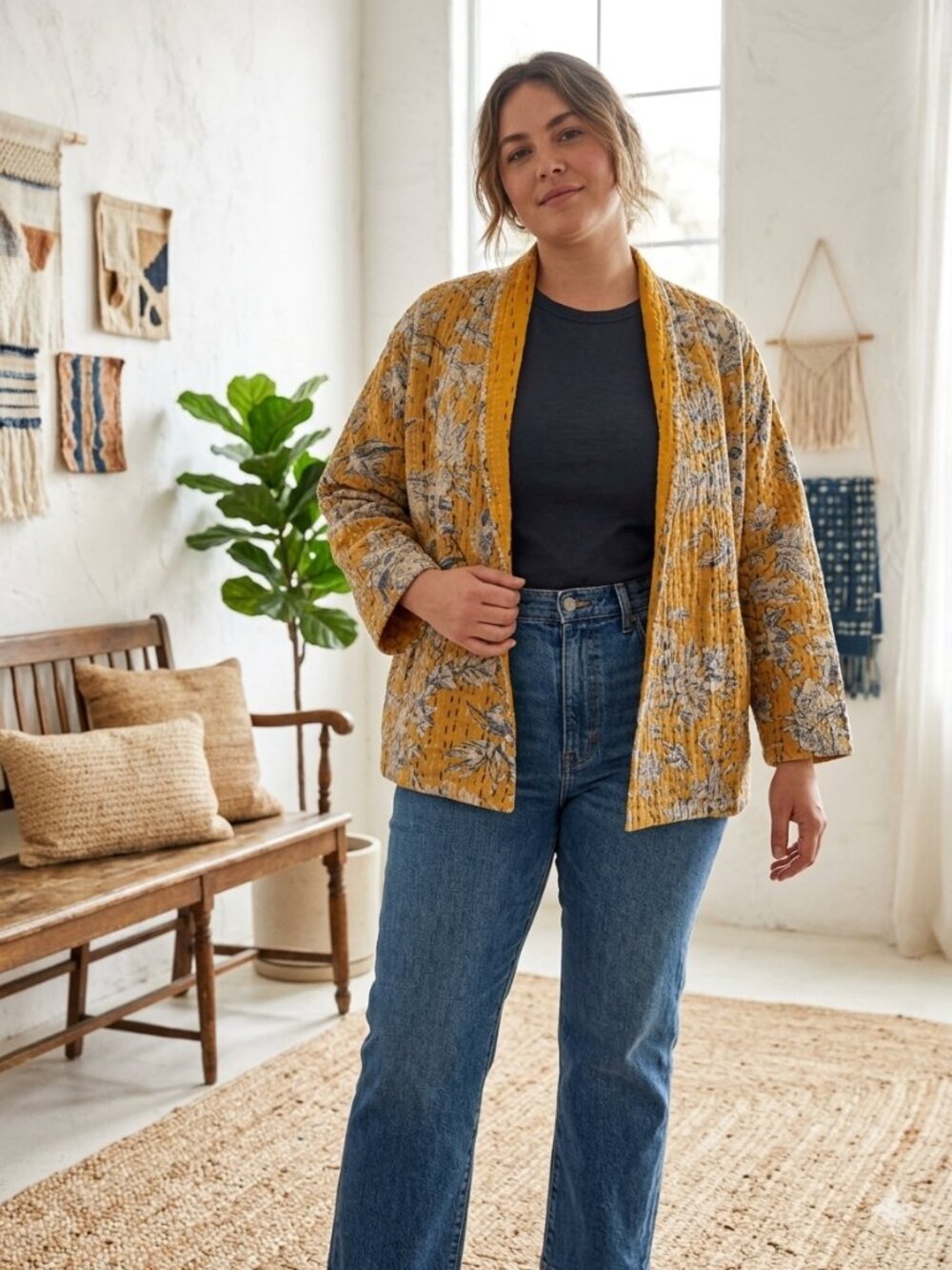 Kantha Kimono Jacket Cotton Hand Stitched-Quilted Bold Yellow Floral Print OS